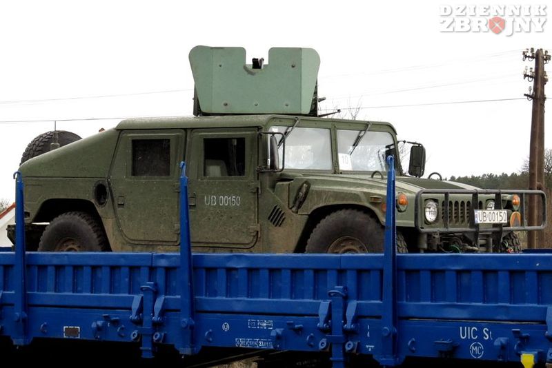 M1043A2 prosto z poligonu załadowany na transport kolejowy.